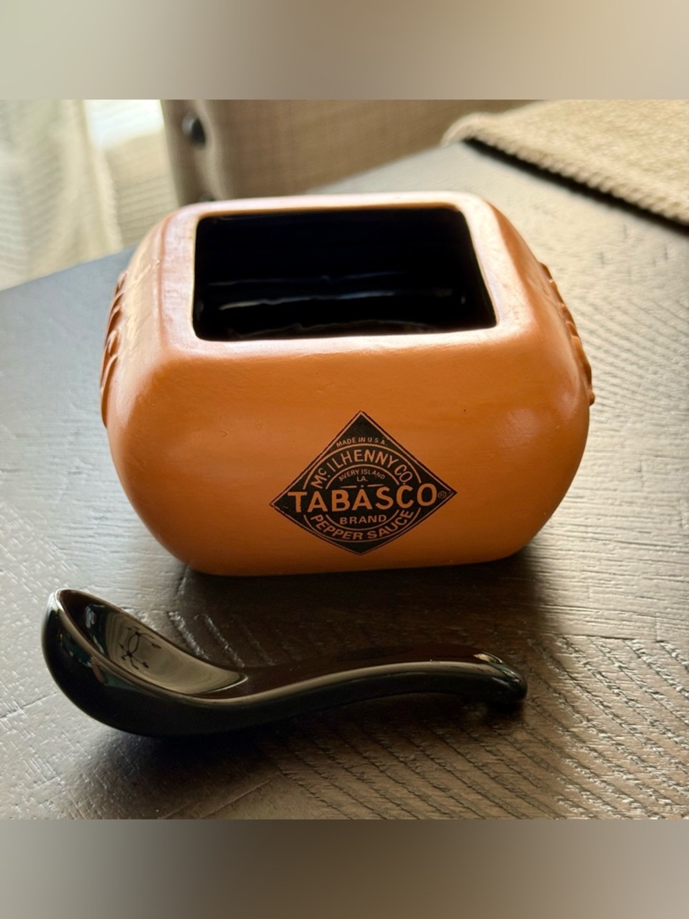 Tabasco Orange Ceramic Logo Salsa Dish with Black Spoon